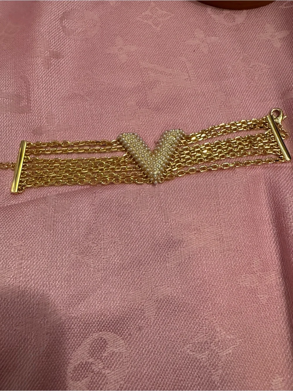 Louis Vuitton Gold-Tone Multi-Chain Necklace with Pearl V-Plaque